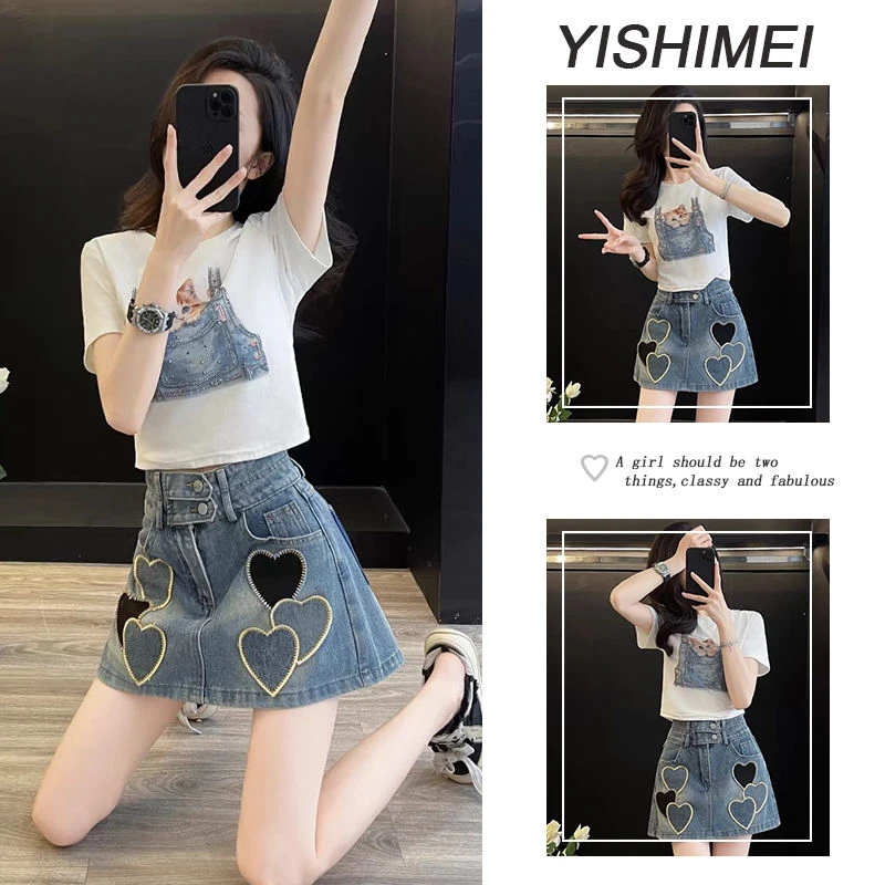 小香风减龄穿搭休闲运动套装女夏季炸街减龄短袖牛仔短裤裙两件套