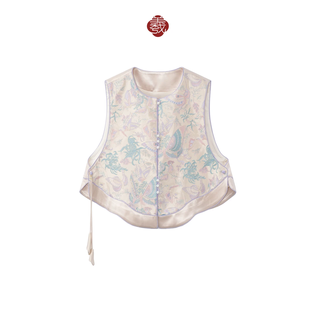 南羲【兮颜】新中式国风设计桑蚕丝春秋款醋酸刺绣马甲时尚百搭日常