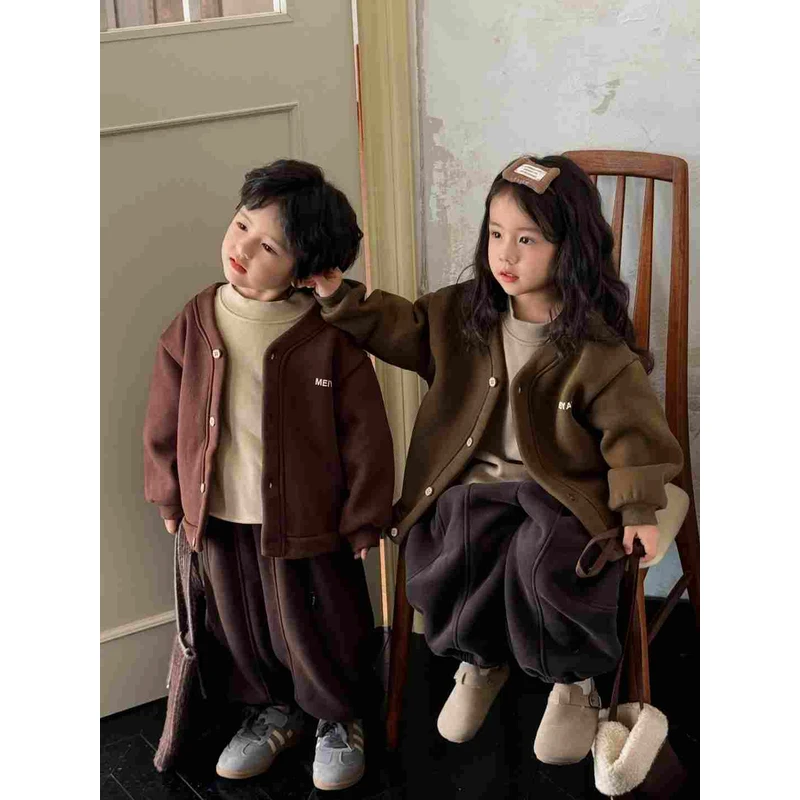 《月柔》WX15韩版一体绒休闲外套2024春新款男童女童洋气开衫潮