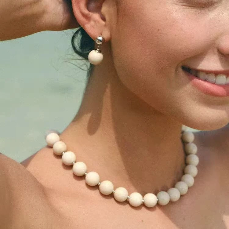 铜合金耳饰 夏季新款白化石耳环项链小众设计气质串珠锁骨链高级