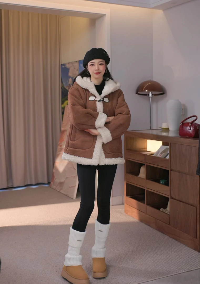 可可 复古韩风氛围感过冬必备连帽一体显瘦可外穿家居服睡衣套装