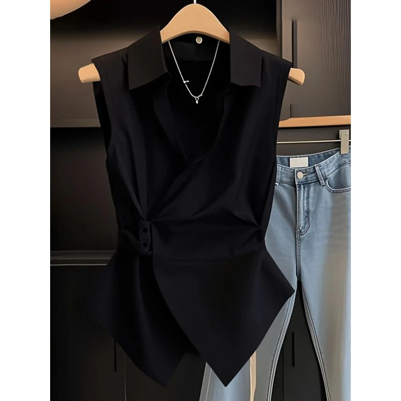 今年夏季2025新款欧货时尚气质通勤无袖衬衫女黑色设计感显瘦
