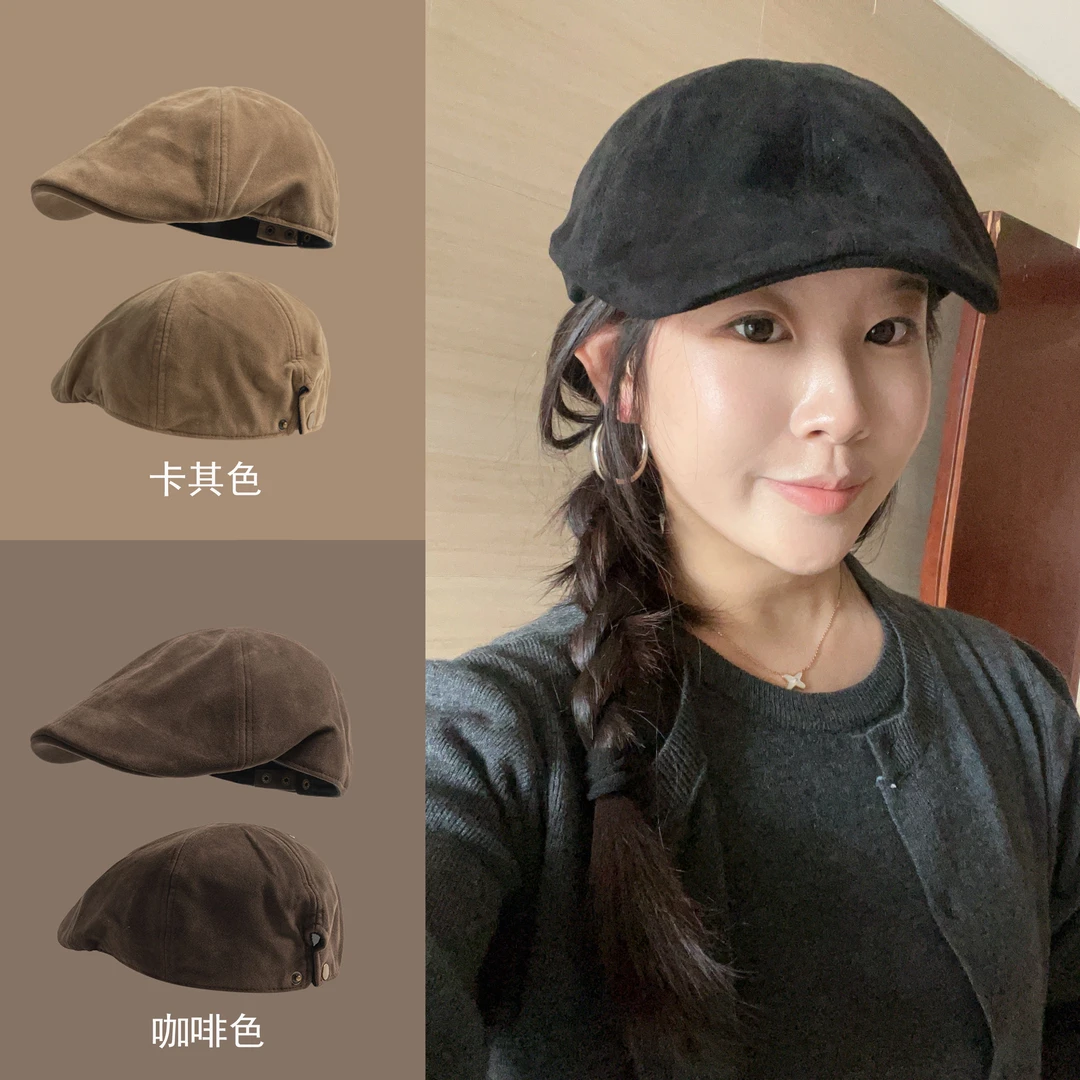 复古日系麂皮绒纯色前进帽男女古着街头时髦百搭贝雷帽英伦画家帽
