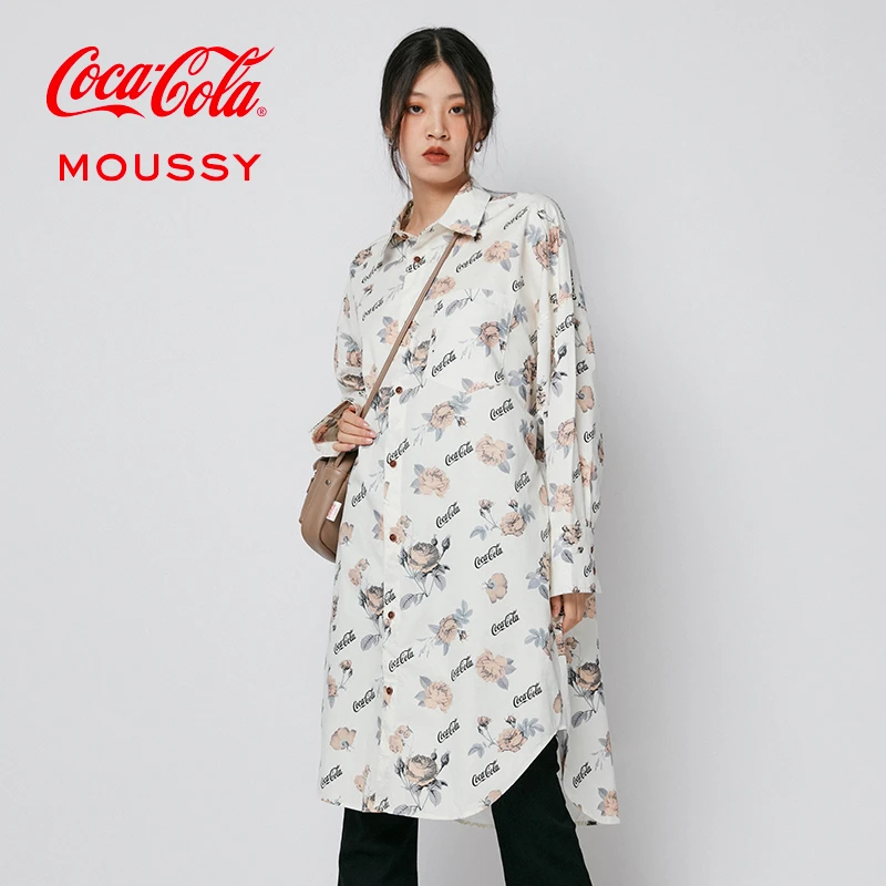 MOUSSY&Coca-Cola联名系列 早秋通勤休闲印花长袖长款连衣裙