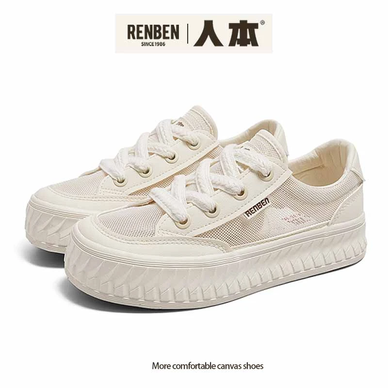 人本2025夏季新款低帮网面鞋休闲透气女鞋韩版百搭厚底小白鞋