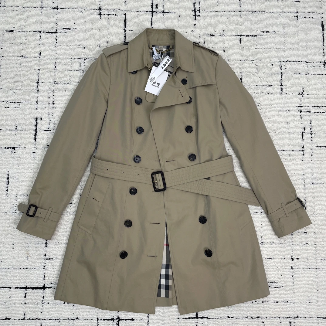 99新 BURBERRY/博柏利 纯色收腰双排扣中长款风衣 UK10码 1693
