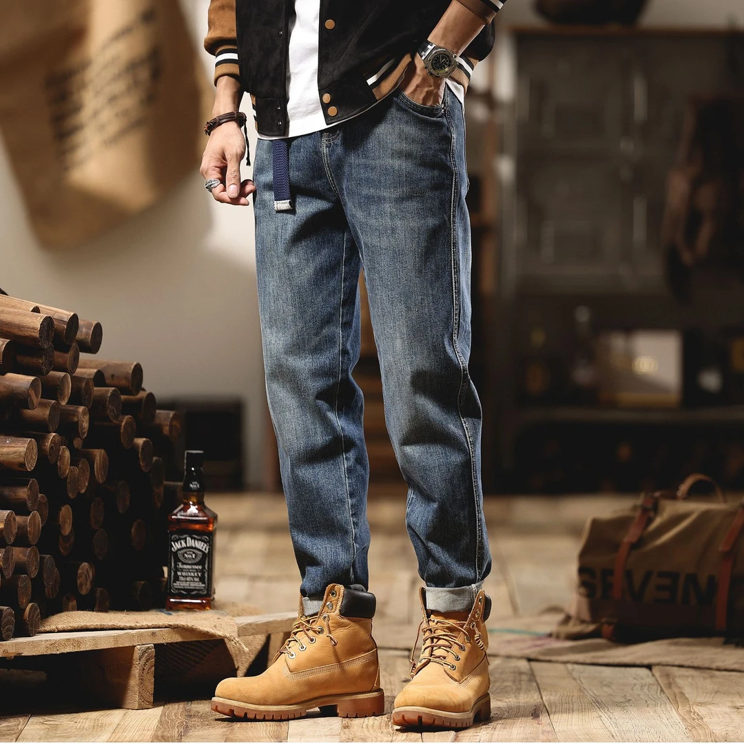 美式休闲复古水洗男士牛仔裤春秋宽松百搭直筒弹力裤子