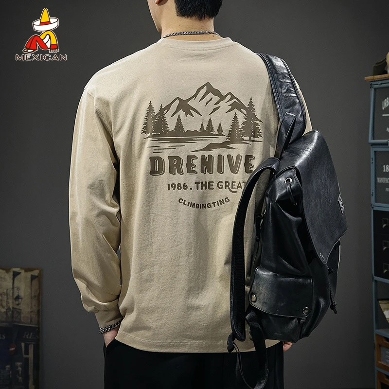 Mexican/稻草人美式纯棉印花长袖T恤男士春季宽松卫衣休闲体恤衫t