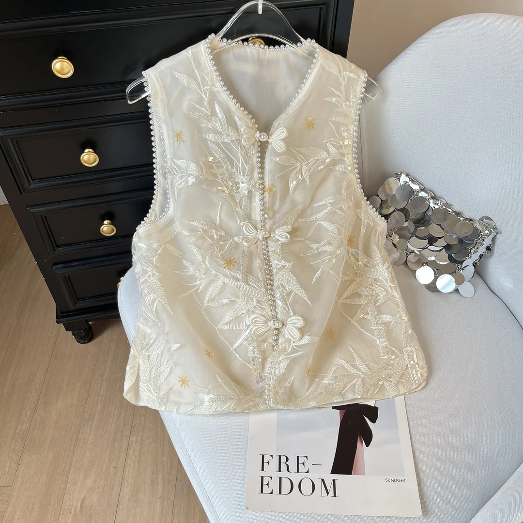 6633国风中式马甲背心夏季复古无袖坎肩新款薄款重工刺绣上衣百搭