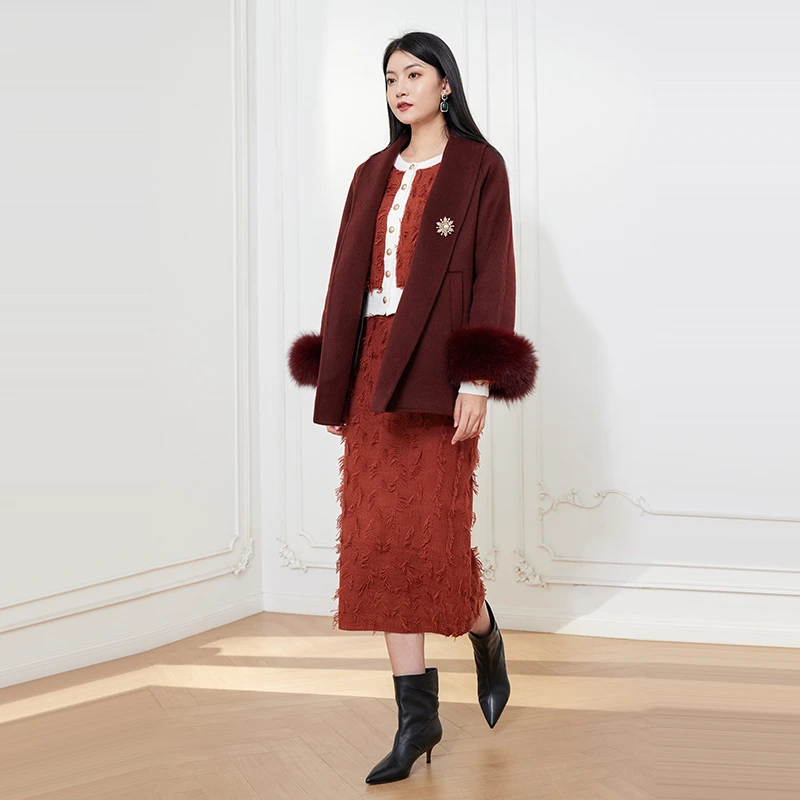 希区瑞普女黑色毛呢外套羊毛呢狐狸毛可拆卸短大衣系带保暖大衣