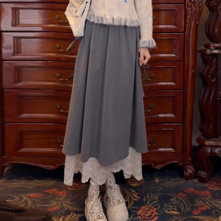 【空白里程】法式蕾丝蝴蝶结半身裙女春秋新款时尚宽松显瘦A字裙子