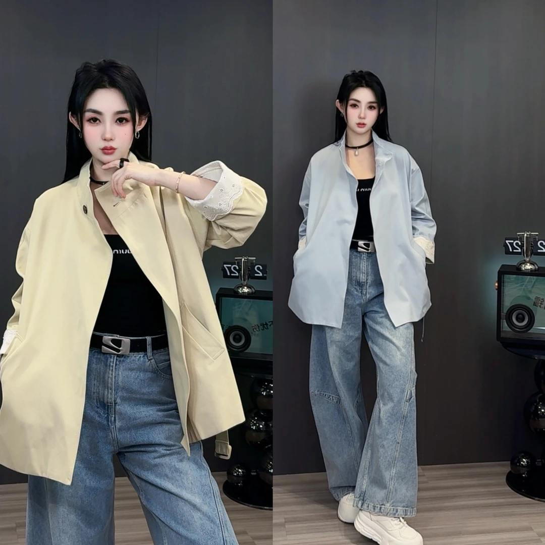 韩版长袖风衣外套女款2025早春新款纯色腰带收腰蕾丝袖口欧货上衣