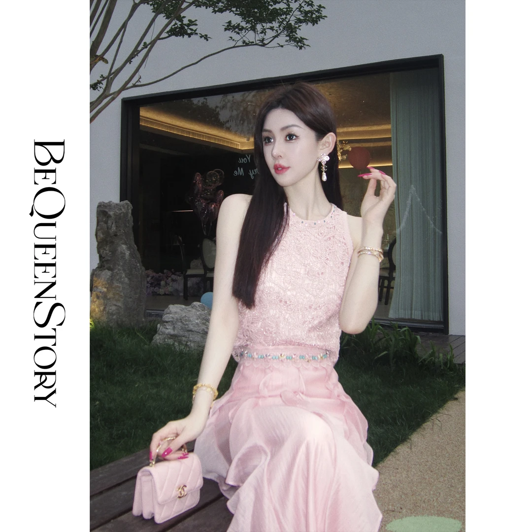 余潇潇【樱海盛夏】银丝钩织手工缝珠圆领背心&莱赛尔A字半裙