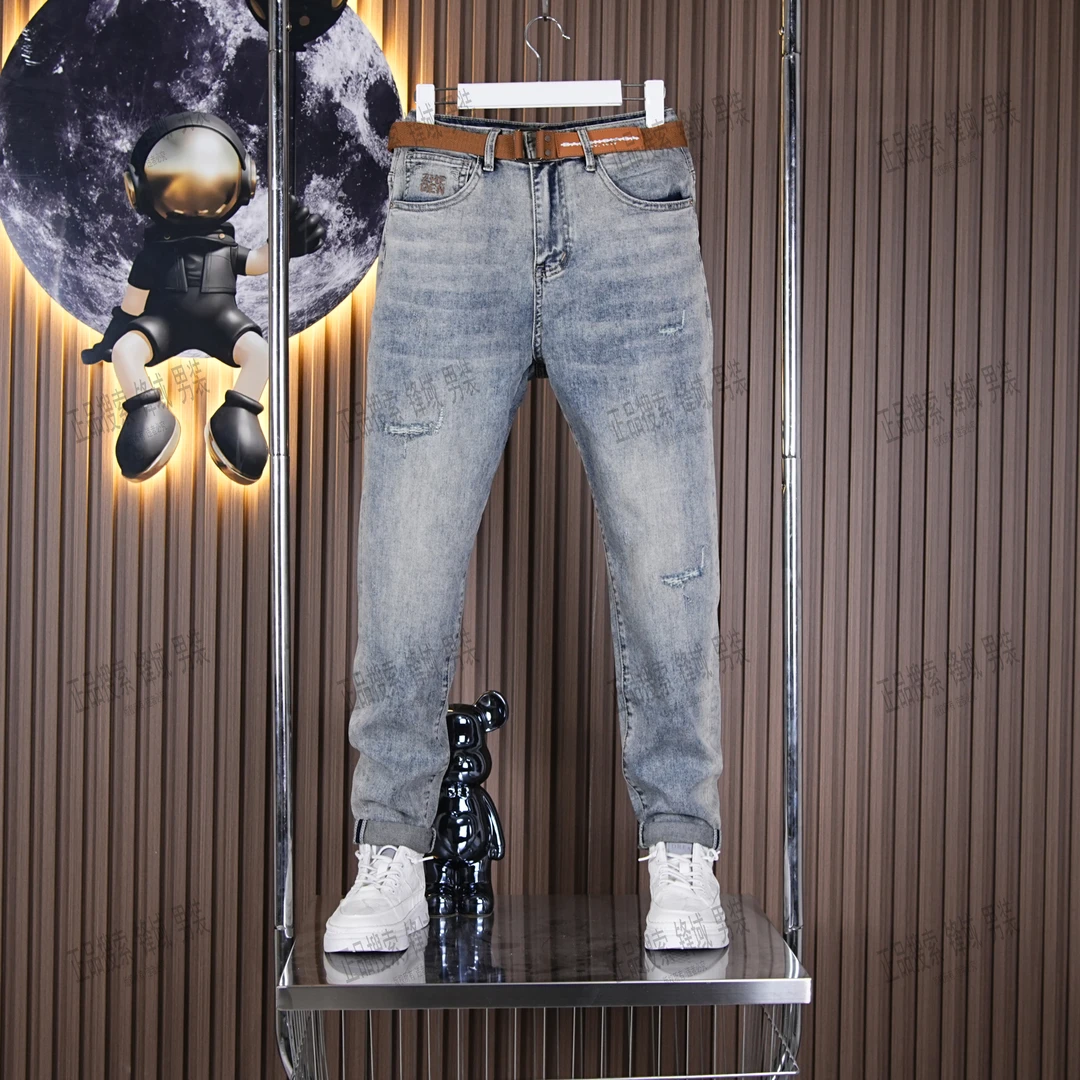 男士夏季破洞潮流牛仔裤直筒时尚百搭休闲水洗宽松弹力男牛仔裤子
