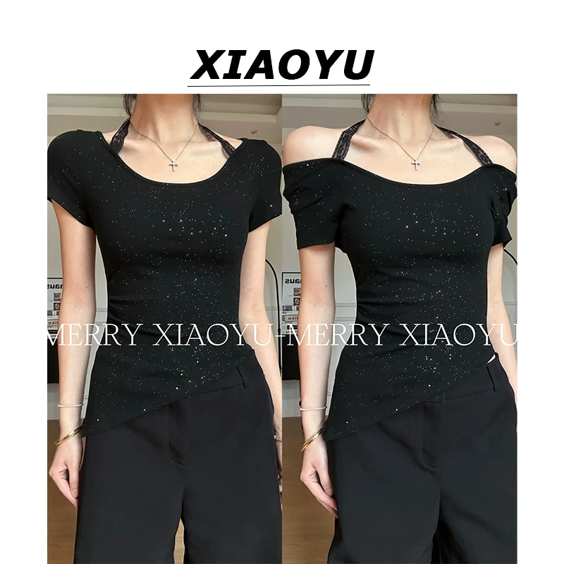 小鱼【心动信号】小众设计感不规则蕾丝拼接挂脖T恤女时尚显瘦上衣