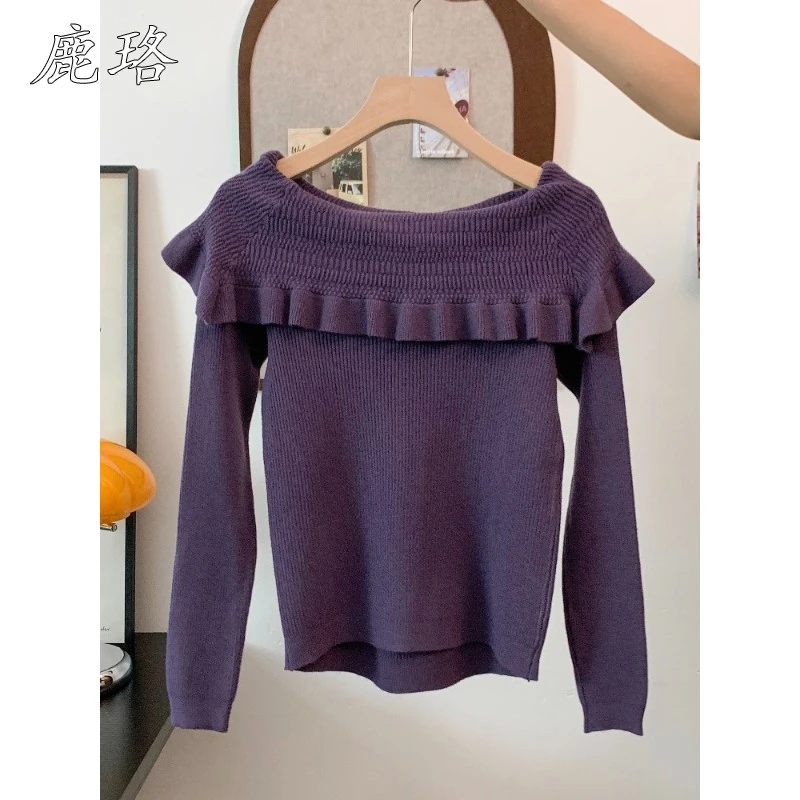 韩系荷叶边翻领设计感一字肩针织衫女早秋巨好看的上衣慵懒风毛衣