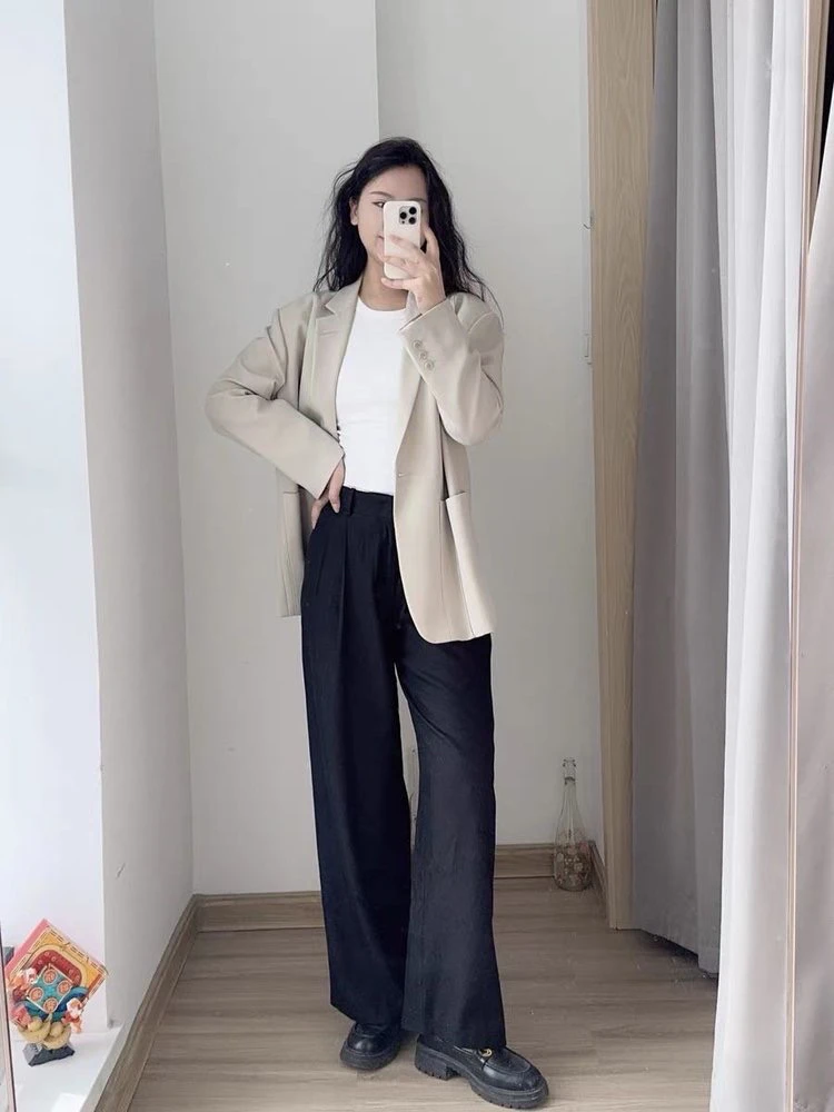 ZZ酹月令宽松褶裥阔腿裤250486直筒外穿垂感薄款春秋