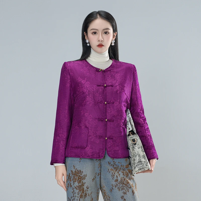 青娘子（紫苏）暗纹提花秋冬国风圆领显瘦减龄气质驼绒棉服--61050