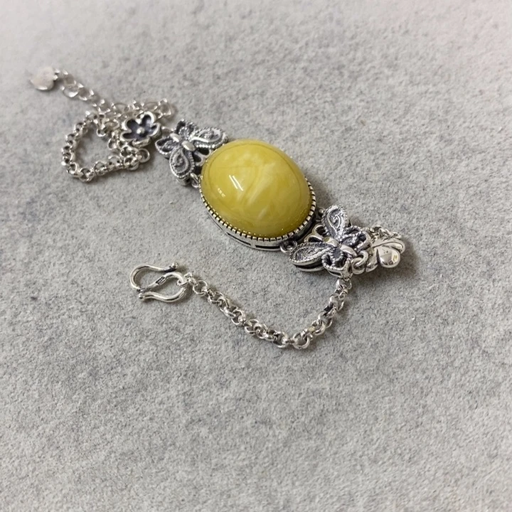 银S925镶嵌蜜蜡裸石手链