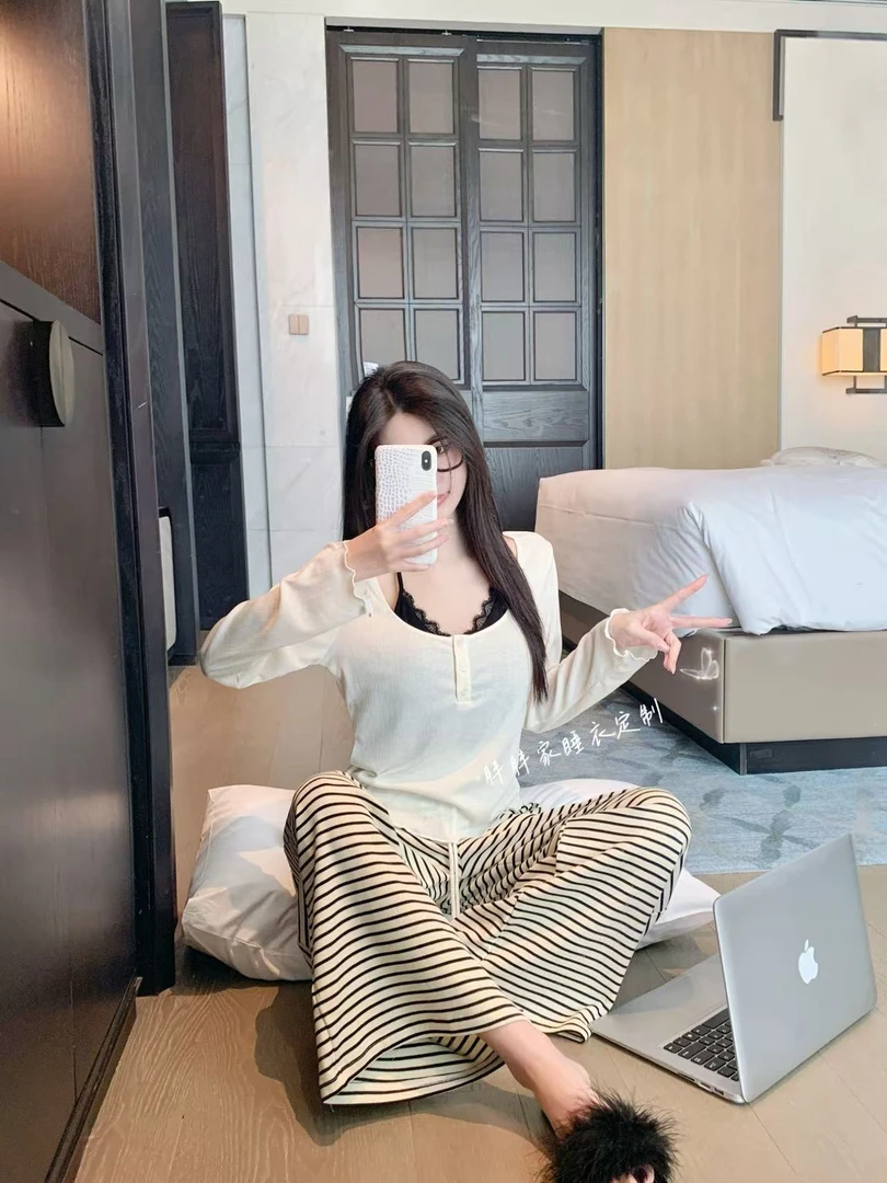 【珍妮日记】睡衣女秋季套装甜美纯欲带胸垫可外穿假两件家居服