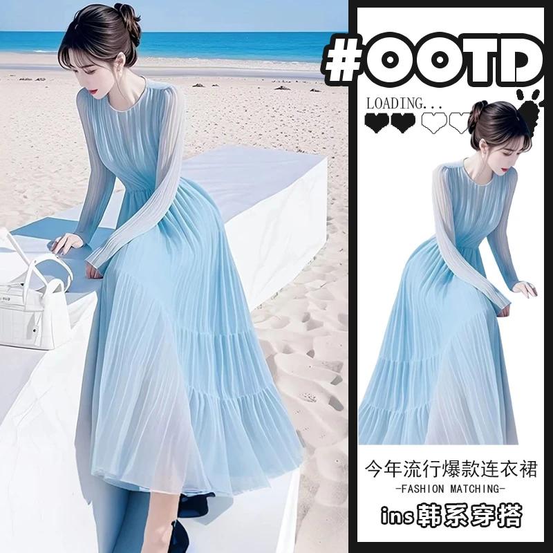 2025春夏时尚度假风约会钓系收腰长裙潮独特别致蓝色雪纺连衣裙女