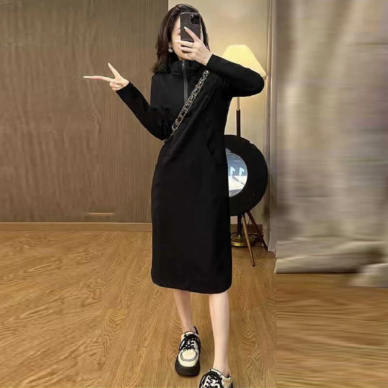 拉夏贝尔秋季新款时尚连衣裙女中长款连帽半拉链长袖休闲卫衣裙