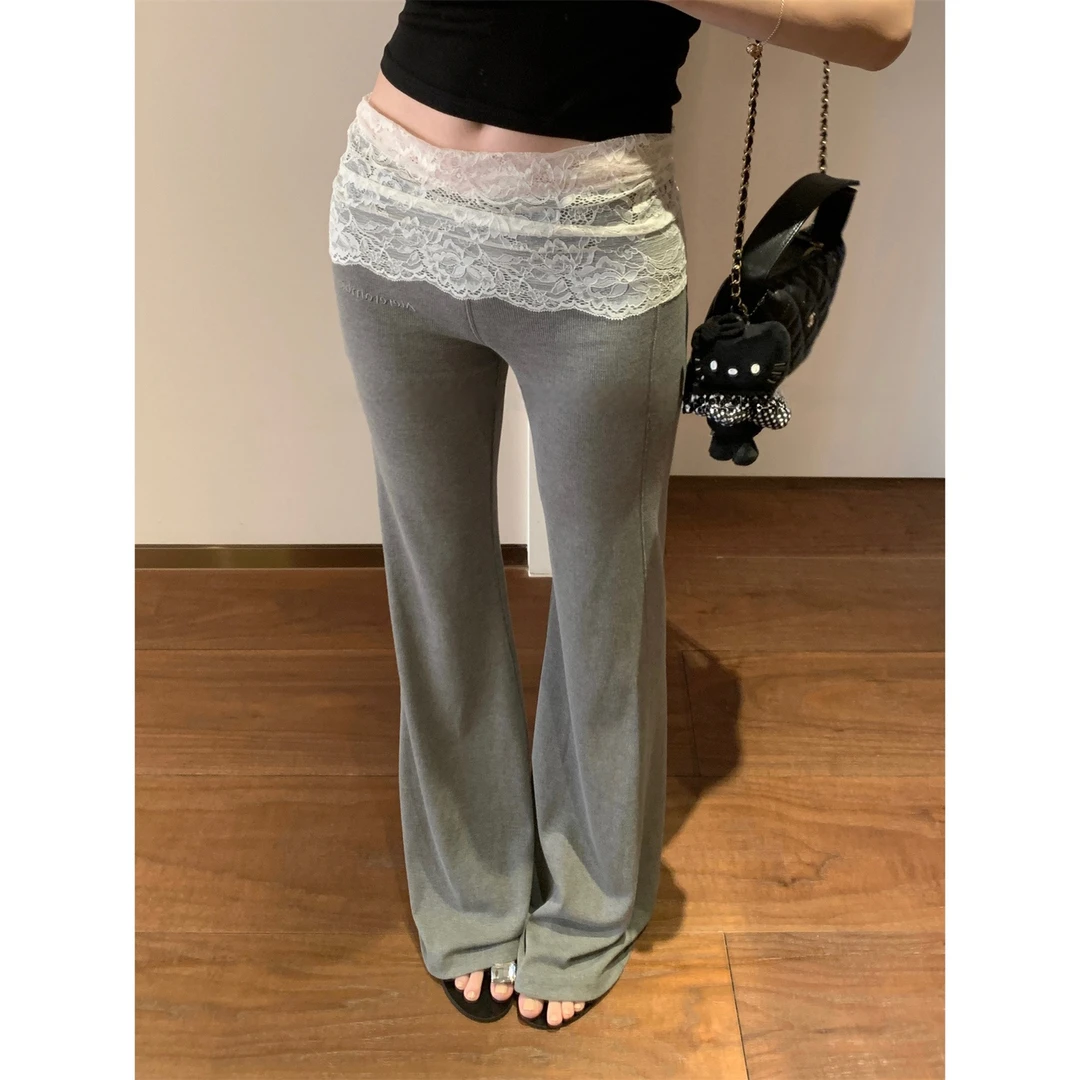 高级感翻腰蕾丝拼接撞色微喇裤春夏新款时尚高腰显瘦休闲拖地裤