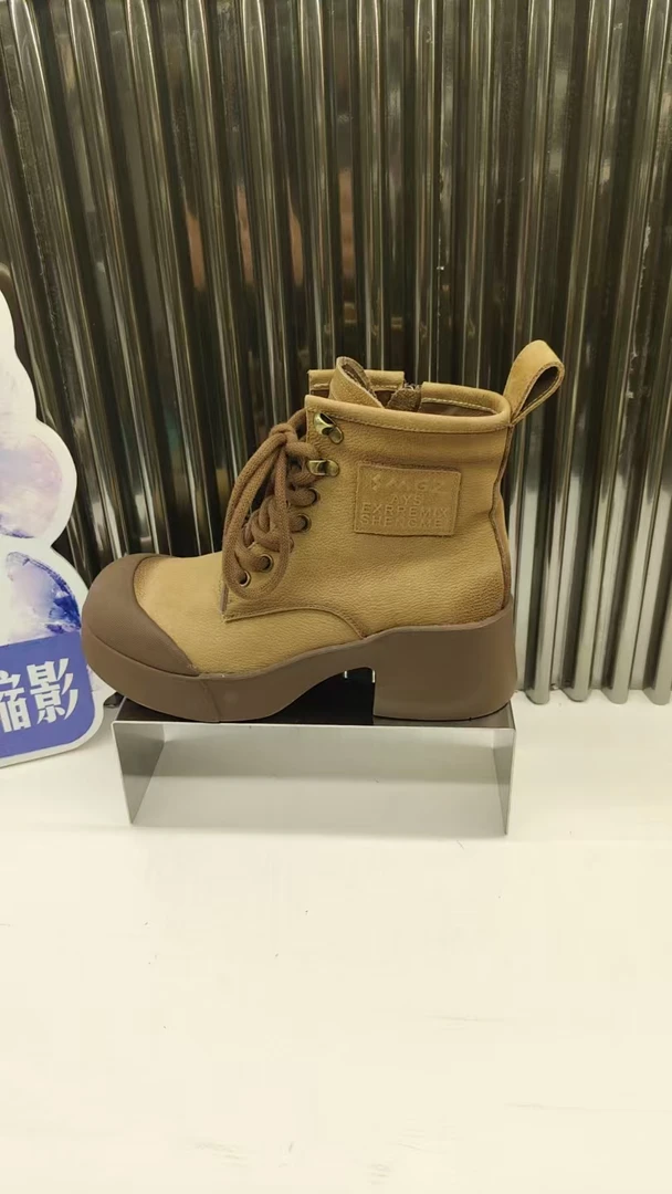 3616-MGG高跟法式圆头胶粘女休闲风秋冬低跟侧拉链厚款马丁靴