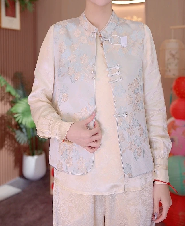 春秋新款时尚立领提花中国风民族风无袖马夹2025A7965-婷婷