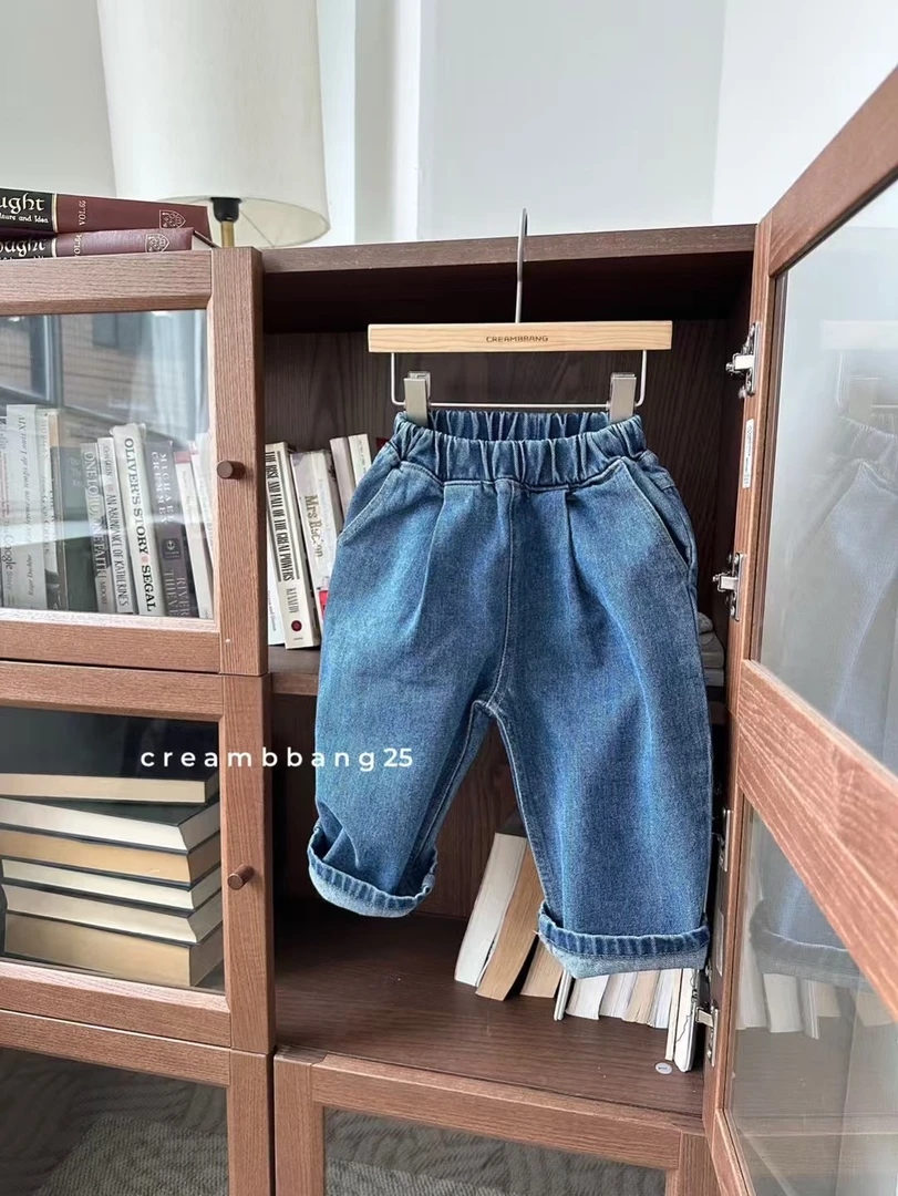 韩国星宝家2025春款男女童中大童纯色直筒牛仔裤