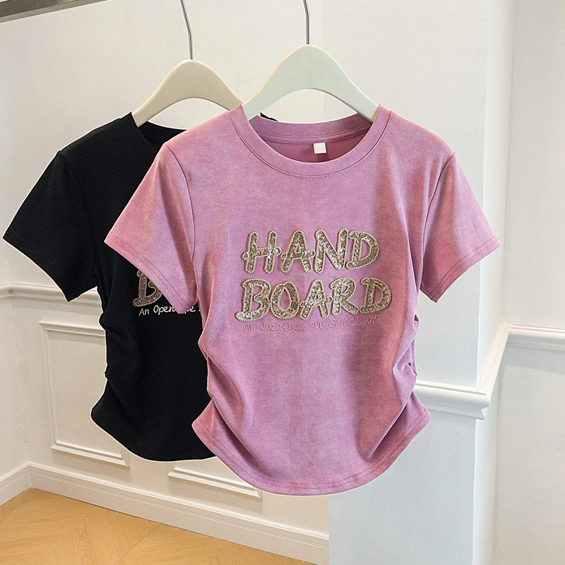 2025爆款夏季胖mm大码女装圆领亮片字母印花短袖T恤显瘦遮肉百搭