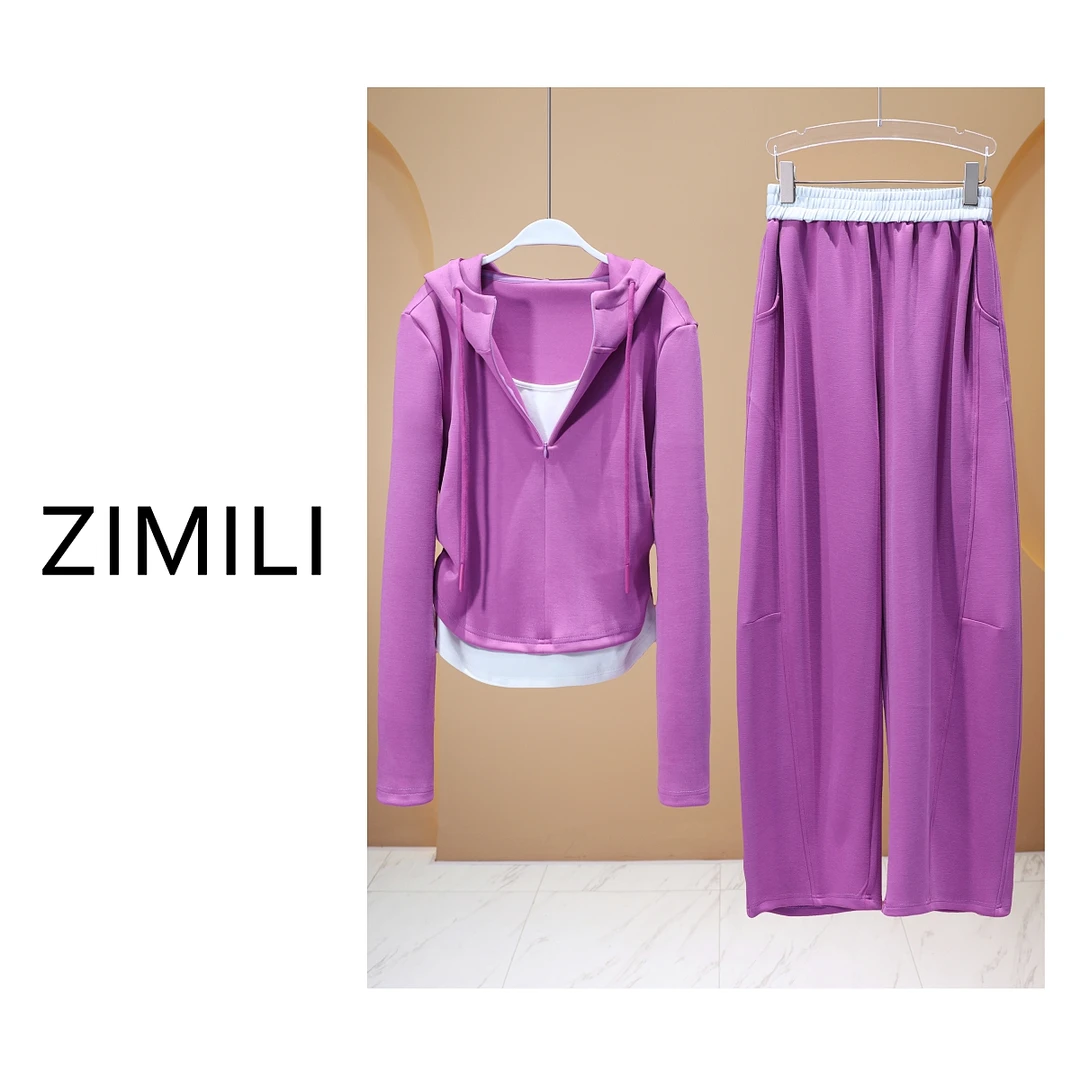【LIANG哥女装】2025春季紫水仙假两件撞色气质连帽休闲套装6211