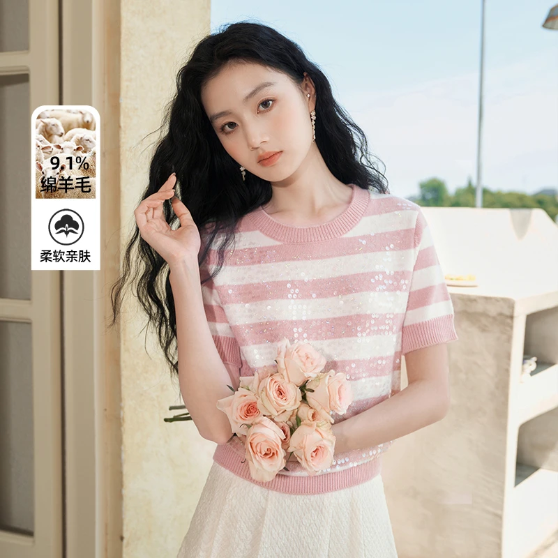 N843097毛针织衫香影条纹针织衫短袖撞色圆领