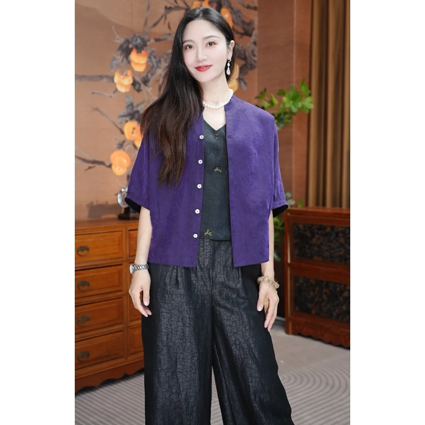 栖栖沐染春夏新款桑蚕丝双面穿香云纱上衣开衫女士开衫女上衣0801