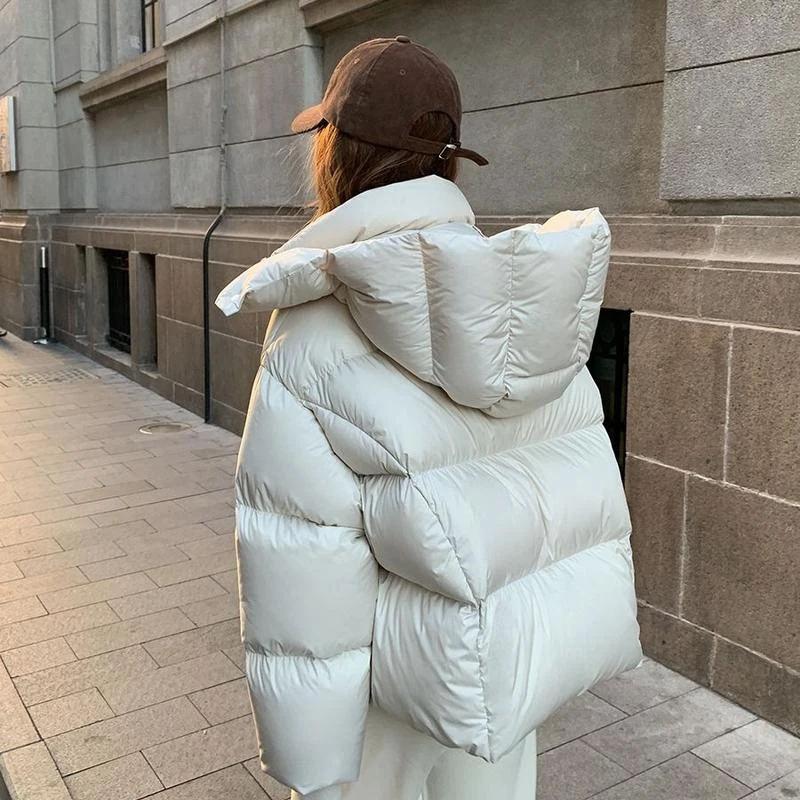 2025冬季新款连帽羽绒服女韩版加厚宽松气质面包服白鸭绒外套简约