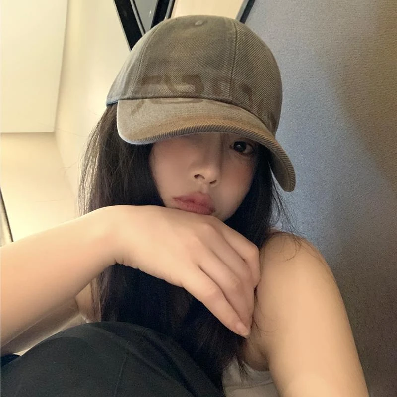 美式水洗做旧字母棒球帽女复古大头围鸭舌帽显脸小宽帽檐软顶帽子