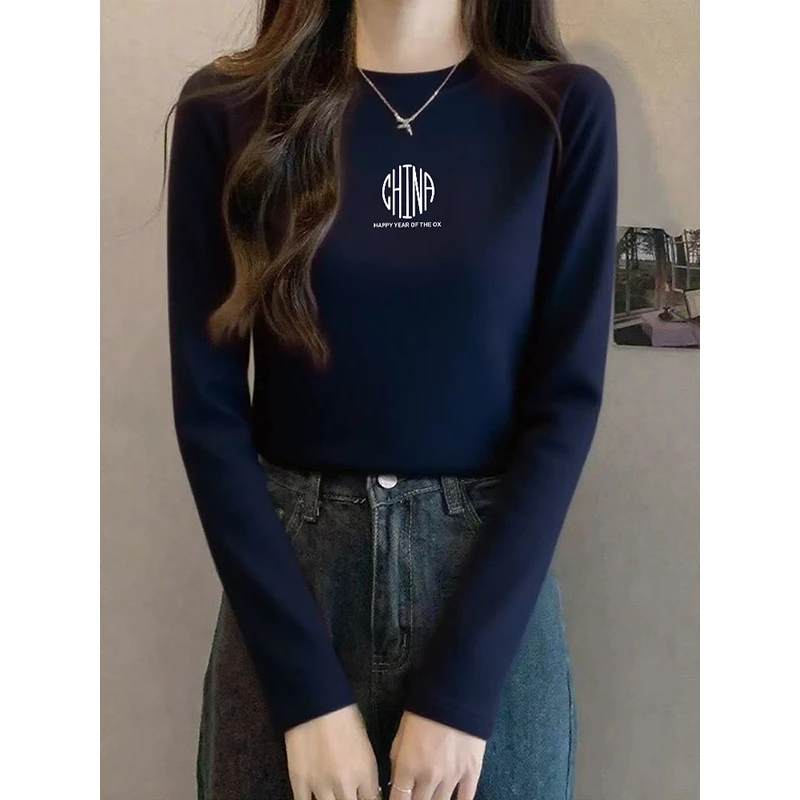 白色圆领打底衫女内搭2025春秋新款正肩长袖t恤短款时尚纯棉上衣