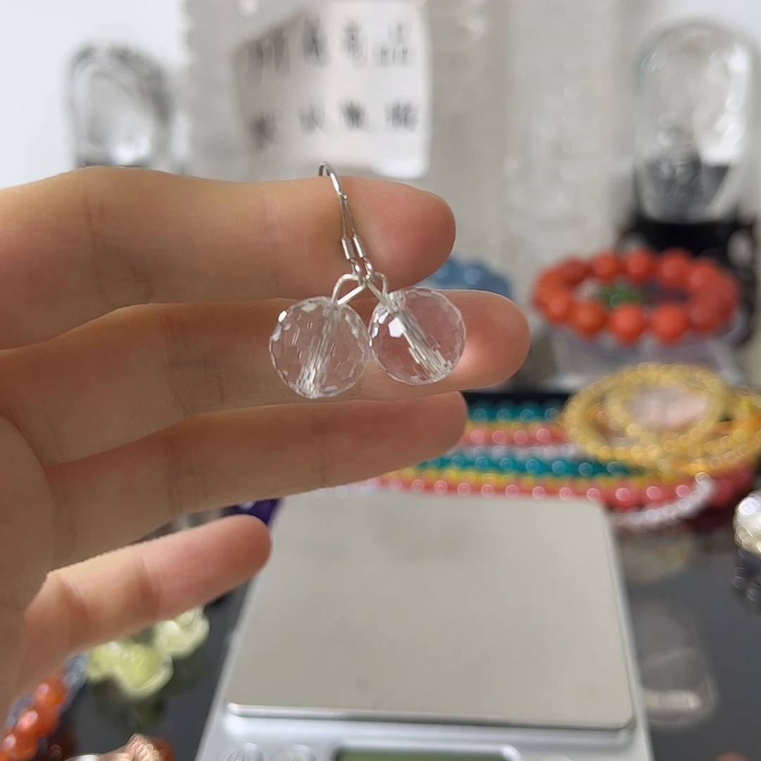 水晶耳饰银S925镶嵌矿坑微瑕