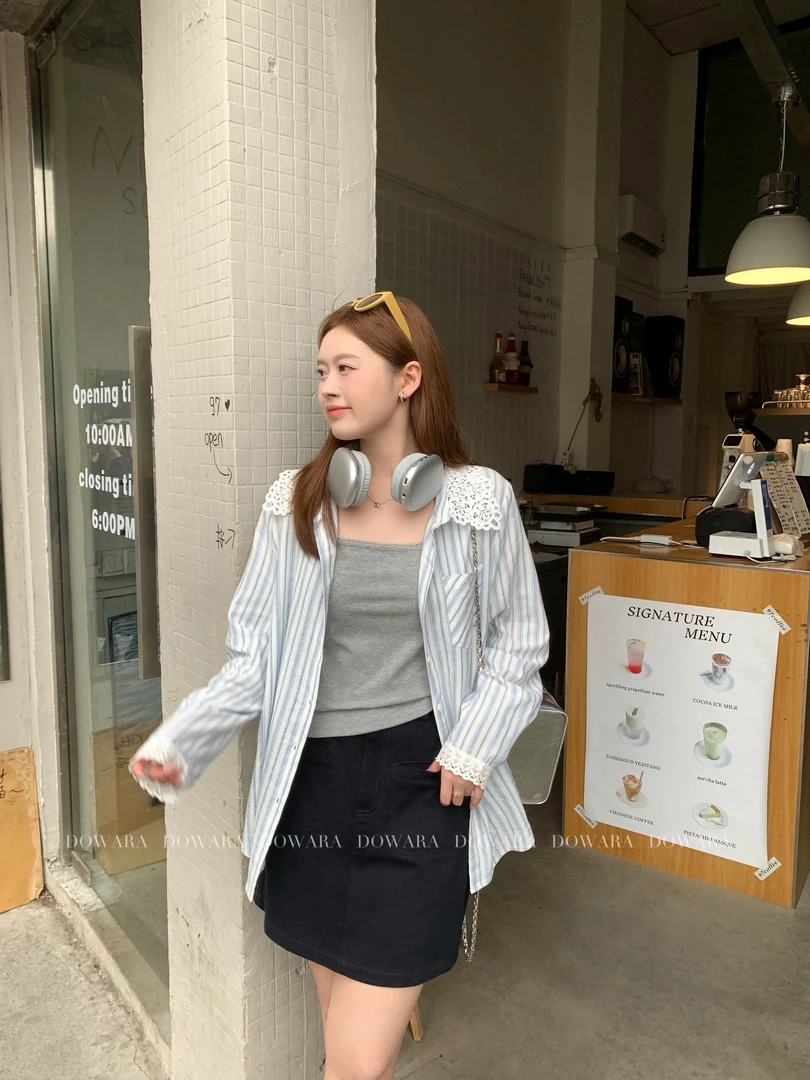 大婉酱肉肉微胖定制韩系宽松休闲条纹针织翻领时尚感衬衫6914D