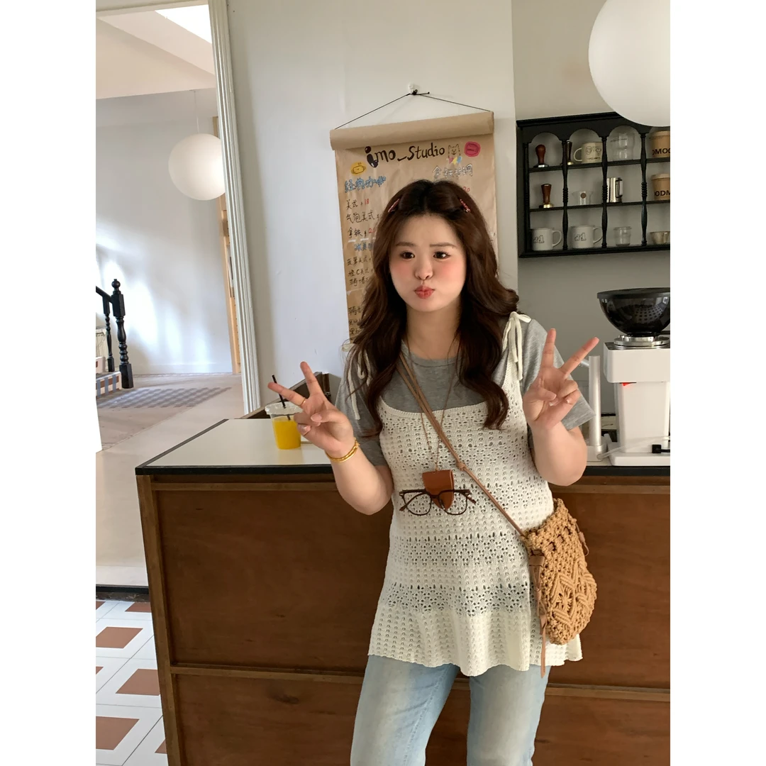 【穿插交叠】大头婷微胖夏季吊带纯色针织钩花镂空叠穿裙