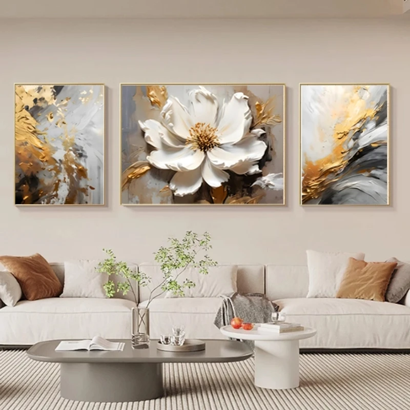 现代轻奢客厅装饰画三联画抽象复古挂画沙发背景墙画花卉轻肌理画