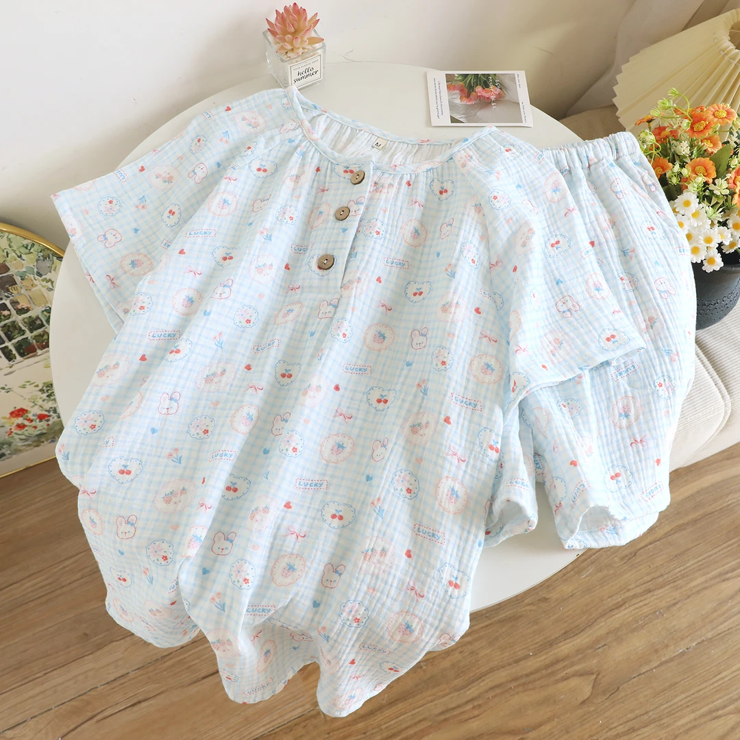 纯棉纱布睡衣女夏季2025新款日系可爱卡通少女短袖夏天薄款家居服