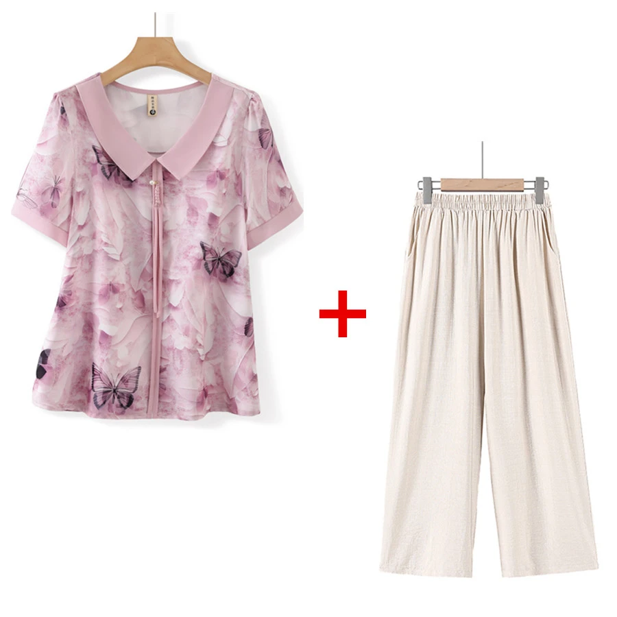 中老年女装夏季奶奶海军领衬衫阔腿裤休闲夏装短袖妈妈装宽松洋气