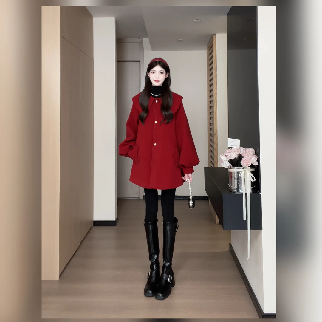 松本丧丧正红夹棉大翻领外套灯笼袖收褶甜暖自带焦点B254DY0013