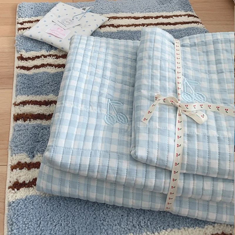 奶呼呼ins奶油蓝纯棉绗缝床盖单人不跑床夹棉床单全棉榻榻米炕盖