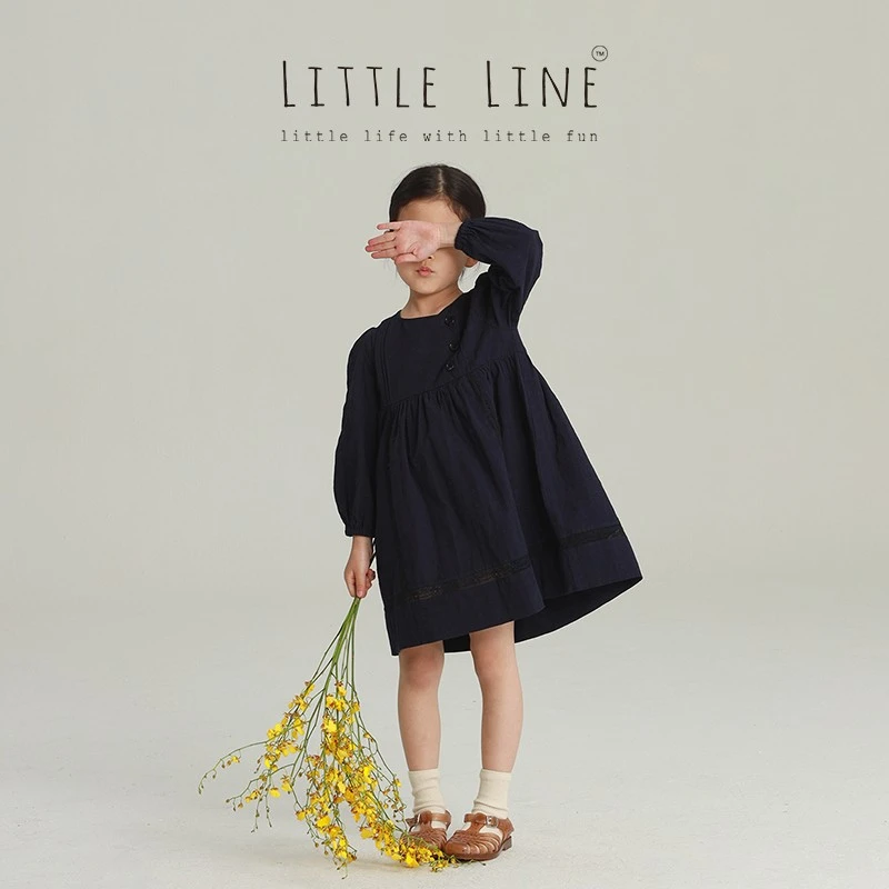 LittleLine 春夏蕾丝拼接高腰长袖连衣裙 清仓