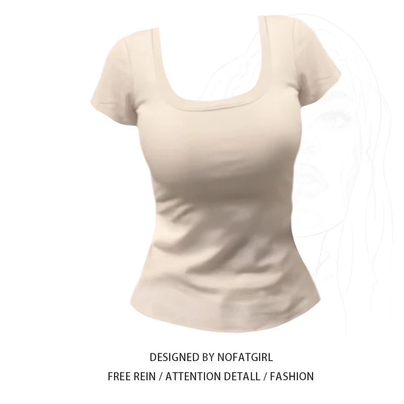 大码胖妹妹白色纯欲U领正肩收腰短袖女t恤2025夏季修身显瘦上衣