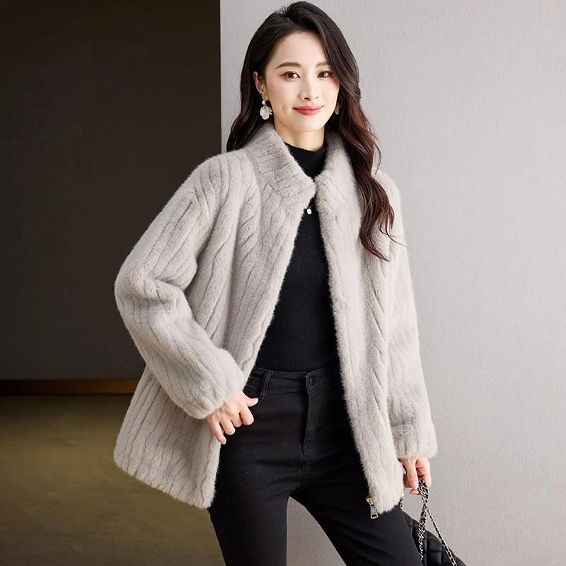 韩版短款休闲修身水貂绒外套2025年新款冬季环保拉链竖领貂皮大衣