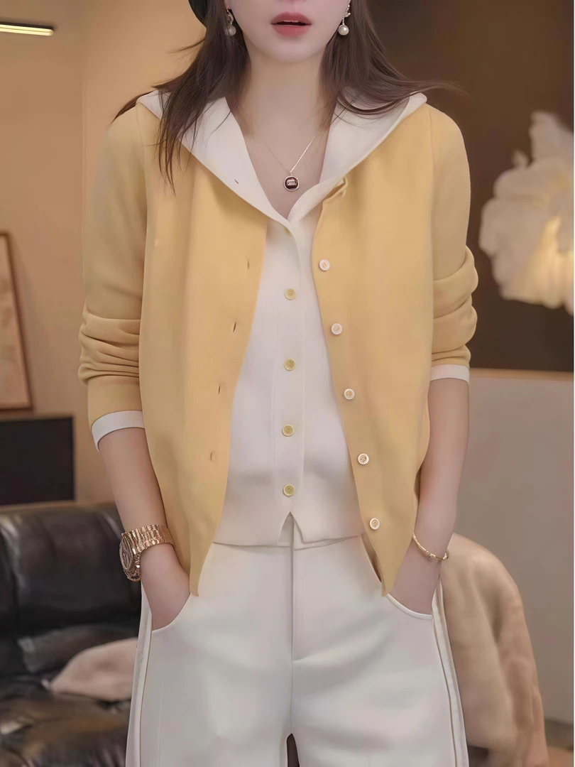 大码女装2025春季新款时尚百搭显瘦连帽假两件毛衣针织开衫女