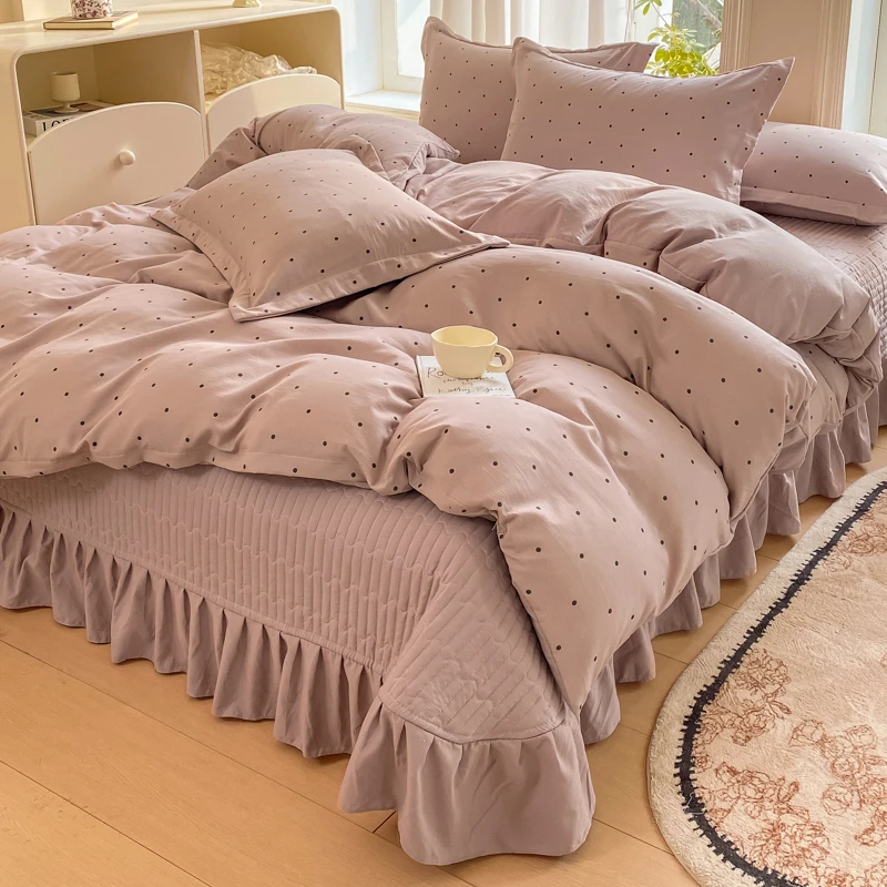 新款亲肤针织棉夹棉床盖四件套小碎花床裙款四季通用透气少女心